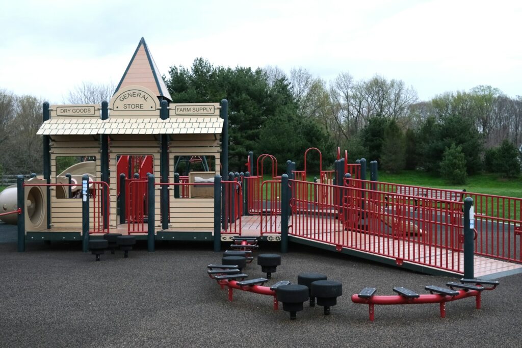 A playground with benches and a play structure